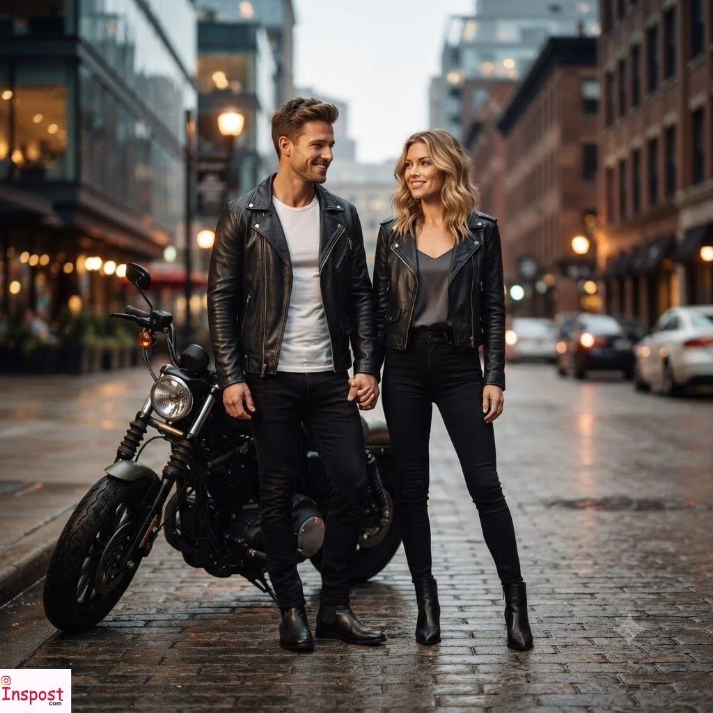 Leather Jacket Couple Outfit Captions